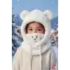 Sevimli Ayıcıklı Yumuşak Peluş Bere Boyunluklu Şapka Atkı Bir Arada Beyaz 3-12 Yaş Kışlık Hediyelik