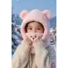 Sevimli Ayıcıklı Yumuşak Peluş Bere Boyunluklu Şapka Atkı Bir Arada Pembe 3-12 Yaş Kışlık Hediyelik