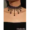 Siyah Kristal Taşlı Çiçekli Dantel Kolye - Chokers Vintage Stil Kadın Gotik Kolye