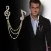 Sol Anahtarı Müzik Notası Zirkon Taşlı Zincirli Broş Gold - Unisex Yaka Zinciri Ceket Kıyafet İğnesi