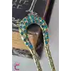 Mavi Taşlı İşlemeli Vintage Gold Metal Topuz Tokası 12.5cm - Kadın Saç Topuz Tokası Çubuk Toka