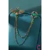 Yeşil Zümrüt Kristal Taşlı Zincirli Arı Tasarım Broş - Hediyelik Elbise Ceket Yaka İğnesi Broş