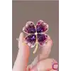 Zarif Çiçekli Kristal Taşlı Mor Yonca Tasarım Kadın Broş - Hediyelik Elbise Ceket Yaka İğnesi Broşu