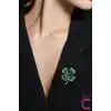 Zarif Çiçekli Kristal Taşlı Yeşil Yonca Tasarım Kadın Broş - Hediyelik Elbise Yaka İğnesi Broşu