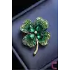 Zarif Çiçekli Kristal Taşlı Yeşil Yonca Tasarım Kadın Broş - Hediyelik Elbise Yaka İğnesi Broşu