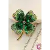 Zarif Çiçekli Kristal Taşlı Yeşil Yonca Tasarım Kadın Broş - Hediyelik Elbise Yaka İğnesi Broşu
