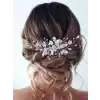 Zarif İncili Çiçekli Taşlı Gümüş Yapraklı Gelin Tacı Taraklı Toka - Düğün Nişan Nikah Saç Aksesuarı