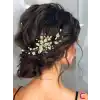 Zarif İncili Kristal Taşlı Gold Yapraklı Gelin Tacı Tokası Taraklı - Düğün Nişan Nikah Saç Aksesuarı