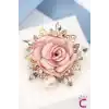 Zarif Kristal Taşlı İncili Kumaş Çiçekli Kadın Gül Broş - Hediyelik Düğün Aksesuar Yaka İğnesi