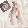 Zarif Lüks Saten Kumaş Fularlı Lastik Toka Pudra Desenli - Kadın Scrunchie Lastikli Saç Tokası