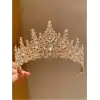 Zirkon Taş İşlemeli Kraliçe Prenses Gelin Tacı Gold - Kristal Taşlı Düğün Nişan Nikah Söz Aksesuar
