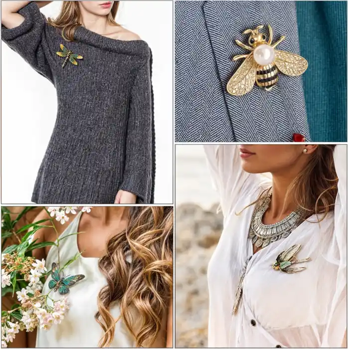 12li Zirkon Taşlı Tasarım Broş Seti - Arı Baykuş Tavus Kuşu Kurbağa Kelebek Fil Yusufçuk Kertenkele