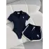 Lacivert Fit Polo Yaka Bodysuit Şort Takım
