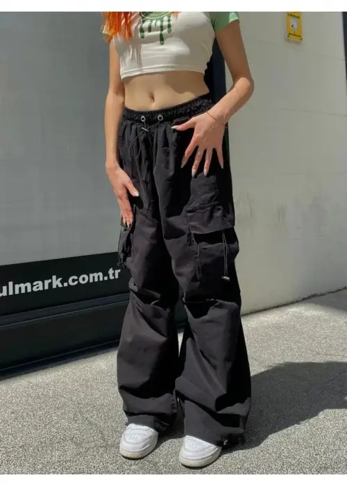 Extra Baggy Kargo Cepli Tactical Paraşüt Kumaş Bol Paça Siyah Renk Pantolon