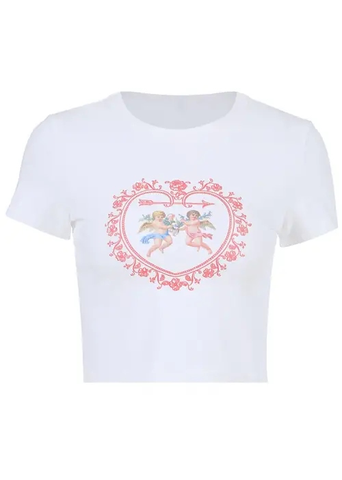 Vintage Beyaz Ikili Melek Kalp Crop