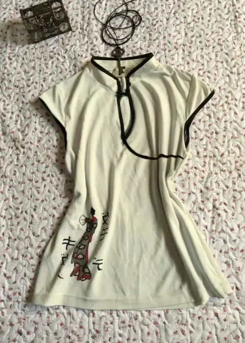 Ekru Mandarin Yaka Vintage Geisha Baskılı Y2K Kısa Kollu Crop
