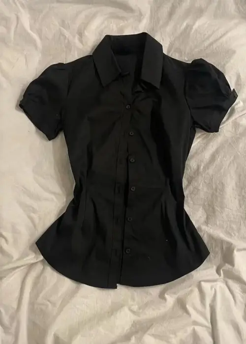 Siyah Vintage Mini Puff Sleeve Goth Y2K Kısa Kollu Gömlek