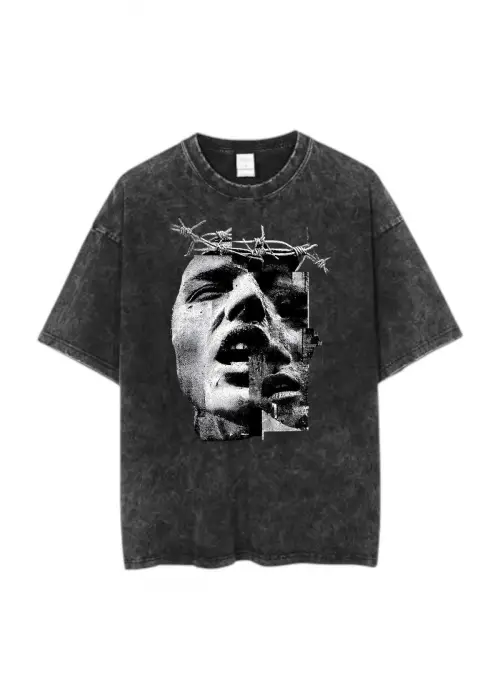 FACE Baskılı Yıkamalı Eskitme Unisex Tişört