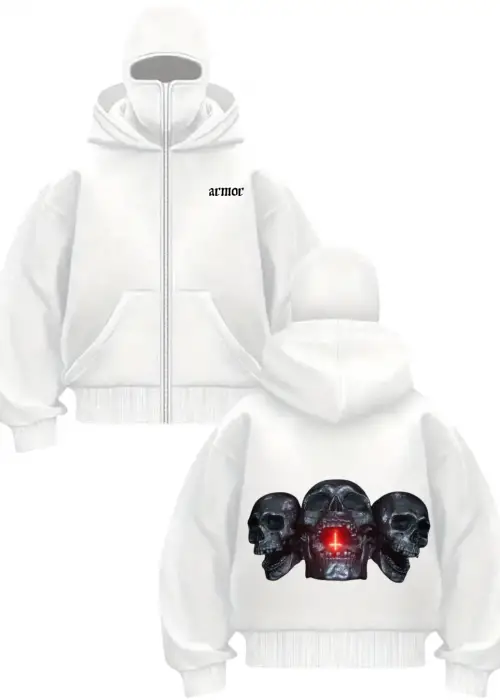 Beyaz Dark Souls Baskılı Kar Maskeli Unisex Sweatshirt Hırka