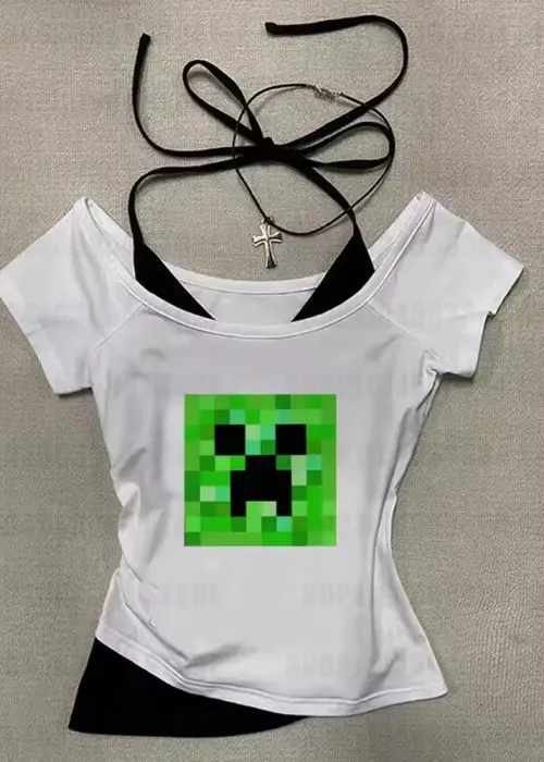 Beyaz Gothic Creeper Yaka Ek Askılı Kısa Kollu Full Body Crop