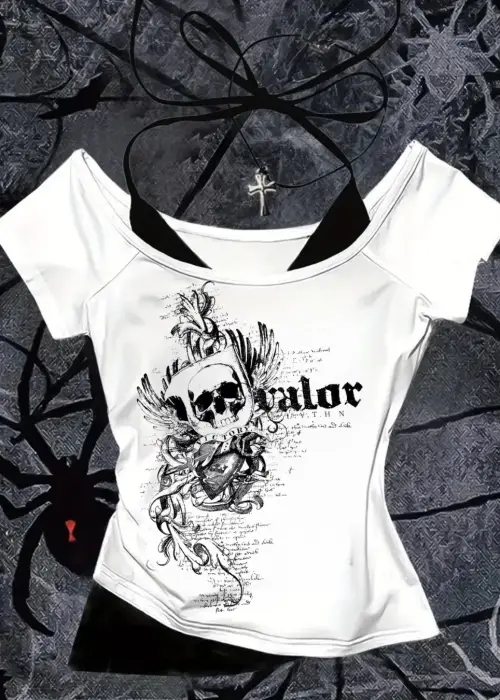 Beyaz Gothic Victory Yaka Ek Askılı Kısa Kollu Full Body Crop