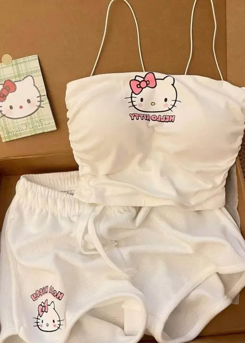 Beyaz Hello Kitty Crop Şort Alt Üst Takım