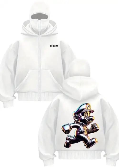 Beyaz Holo Mario Baskılı Kar Maskeli Unisex Sweatshirt Hırka