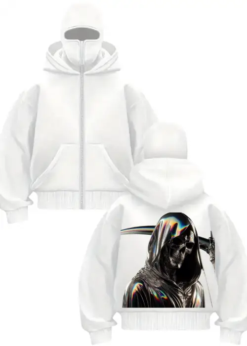 Beyaz Ölüm Meleği Baskılı Kar Maskeli Unisex Sweatshirt Hırka