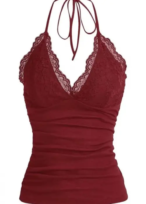 Bordo Dantelli V Yaka Gothic Boyun Bağlamalı Full Body Crop