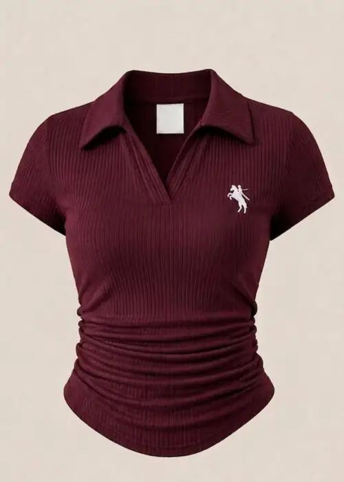Bordo Polo Yaka Fitilli Likralı Bluz