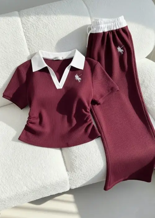 Bordo Polo Yaka Fitilli Likralı Premium Eşofman Takımı