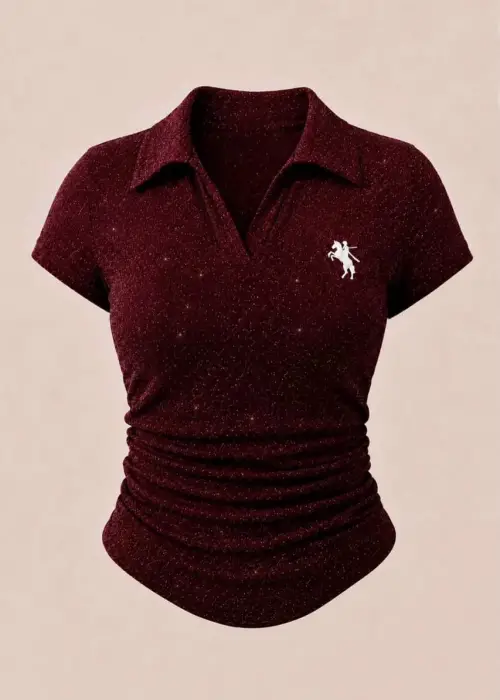 Bordo Simli Polo Yaka Büzgülü Bluz