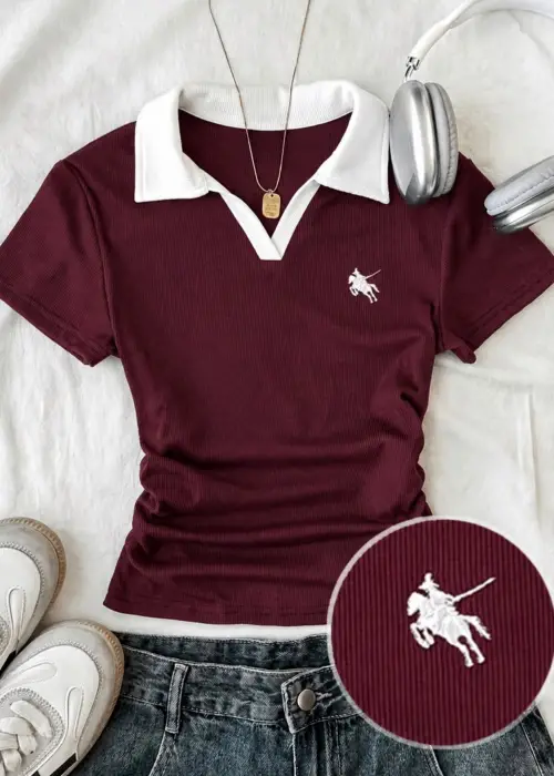 Bordo Solo Polo Yaka Beyaz Yakalı Bluz