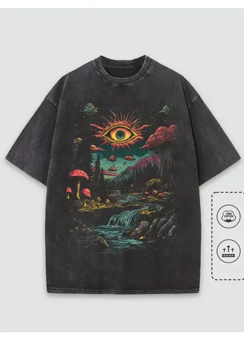 Fantastic Forest Baskılı Yıkamalı Vintage Unisex Oversize T-Shirt