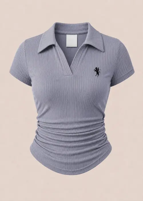 Gri Polo Yaka Fitilli Likralı Bluz