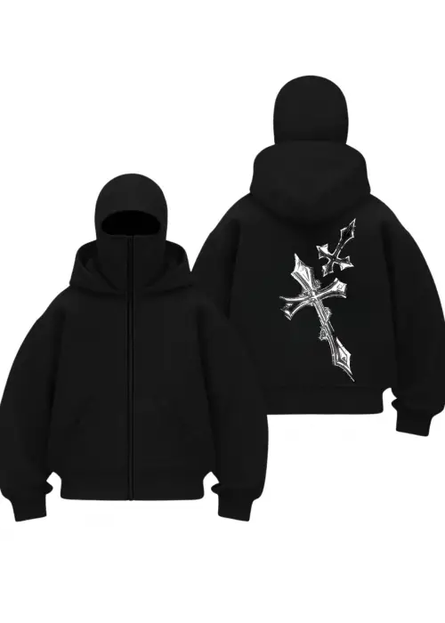 Haç Crisis Baskılı Siyah Samuray Kar Maske Sweatshirt Hırka