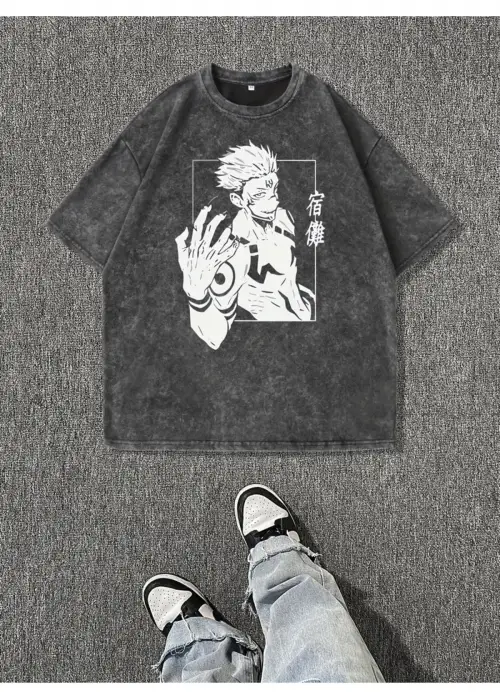 Jujutsu Kaisen Baskılı Yıkamalı Vintage Unisex Oversize T-Shirt