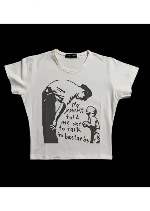Kadın Üste Oturan Kalıp Bel Boy Crop Baskılı Bisiklet Yaka Baby Tee