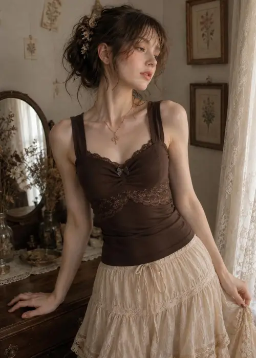 Kahverengi Dantel Detaylı Fiyonklu Vintage Y2K Askılı Crop