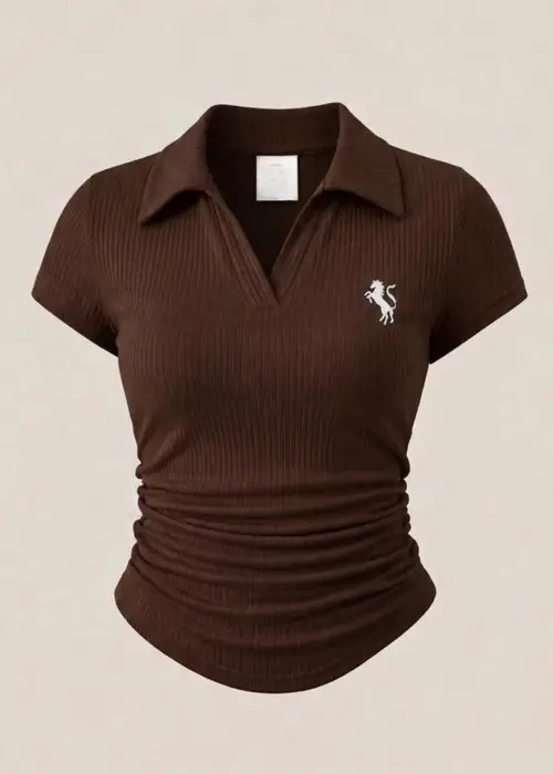 Kahverengi Polo Yaka Fitilli Likralı Bluz