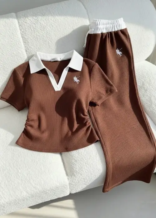 Kahverengi Polo Yaka Fitilli Likralı Premium Eşofman Takımı