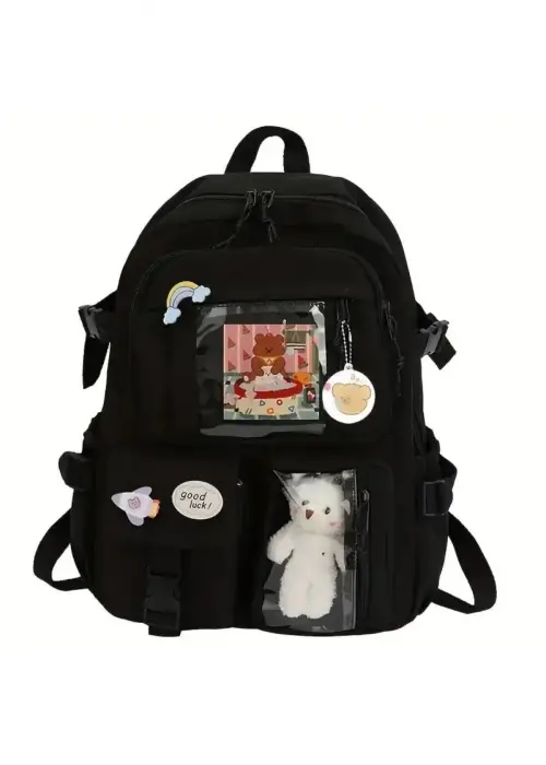 Siyah Kawaii Kore Tarzı Aksesuarlı Ve Ayıcıklı Premium Kalite Okul Sırt Çantası