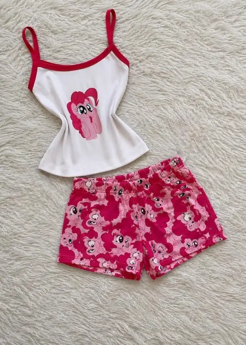 Kırmızı My Little Pony Rarity Desenli Şık Alt Üst Kısa Takım