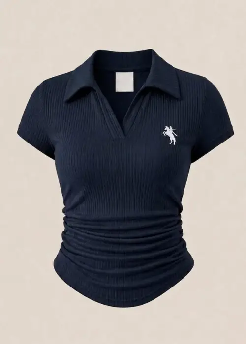 Lacivert Polo Yaka Fitilli Likralı Bluz