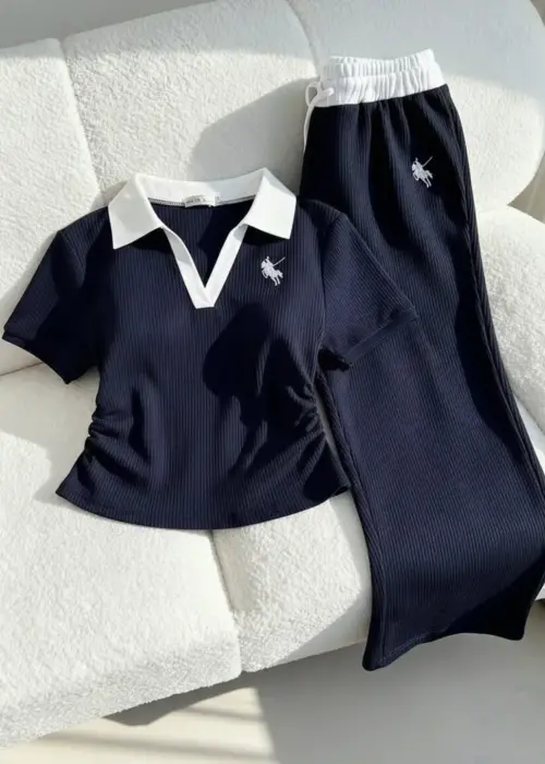 Lacivert Polo Yaka Fitilli Likralı Premium Eşofman Takımı