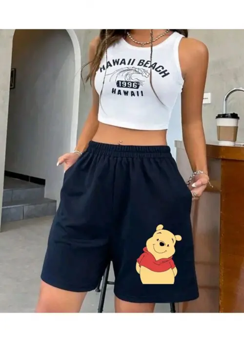 Lacivert winnie the pooh Detaylı Şort