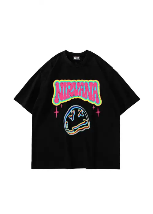 Nirvana Smile Baskılı Oversize Unisex Siyah Tshirt