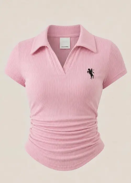 Pembe Polo Yaka Fitilli Likralı Bluz