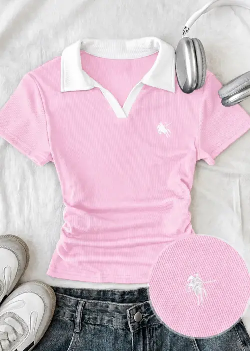 Pembe Solo Polo Yaka Beyaz Yakalı Bluz