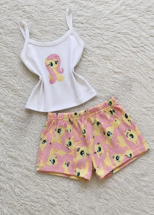 Sarı My Little Pony Rarity Desenli Şık Alt Üst Kısa Takım